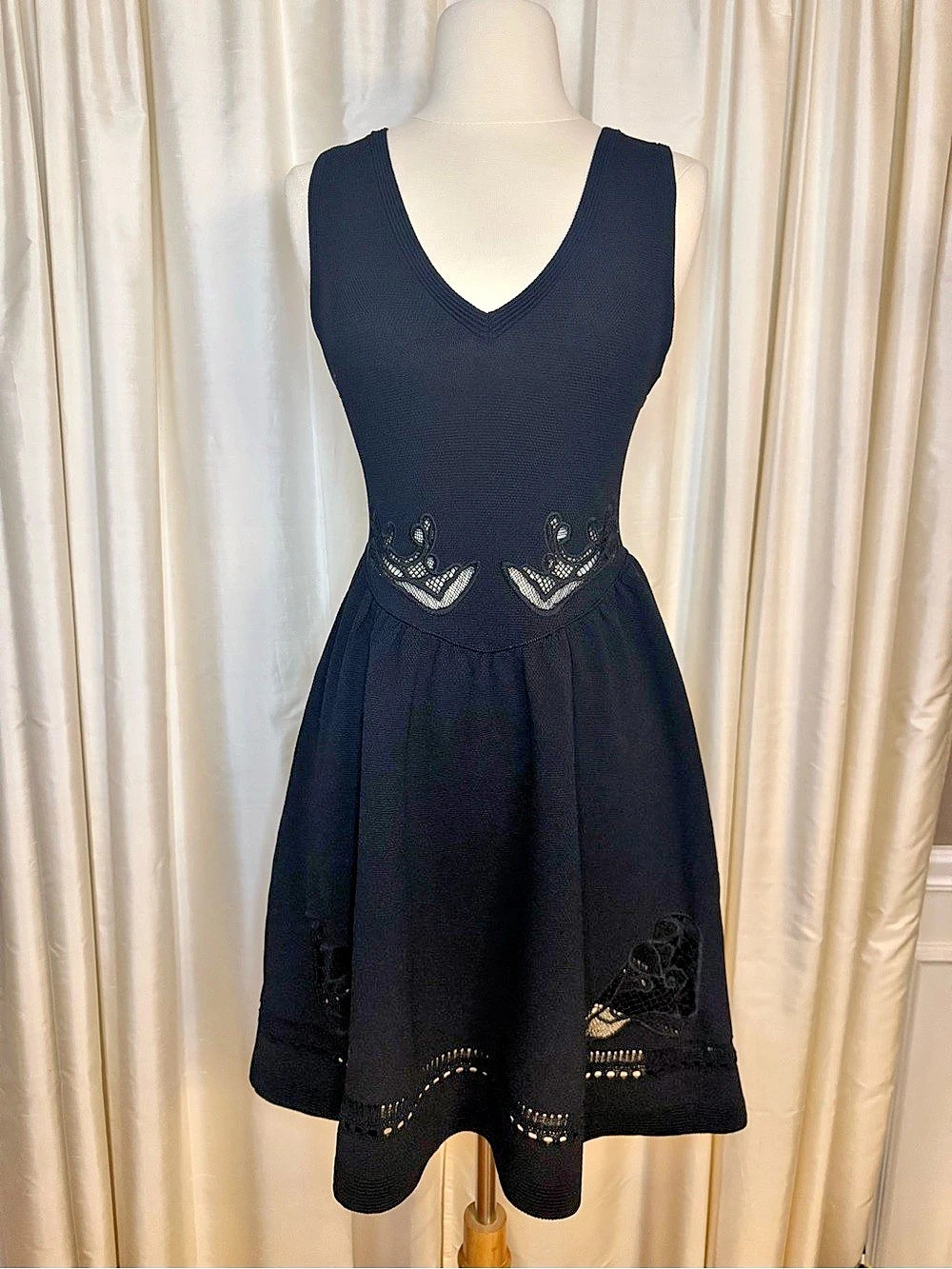 Sandro Paris Black Knit Fit & Flare Dress Size 2 Lace Appliqué V-Neck Midi